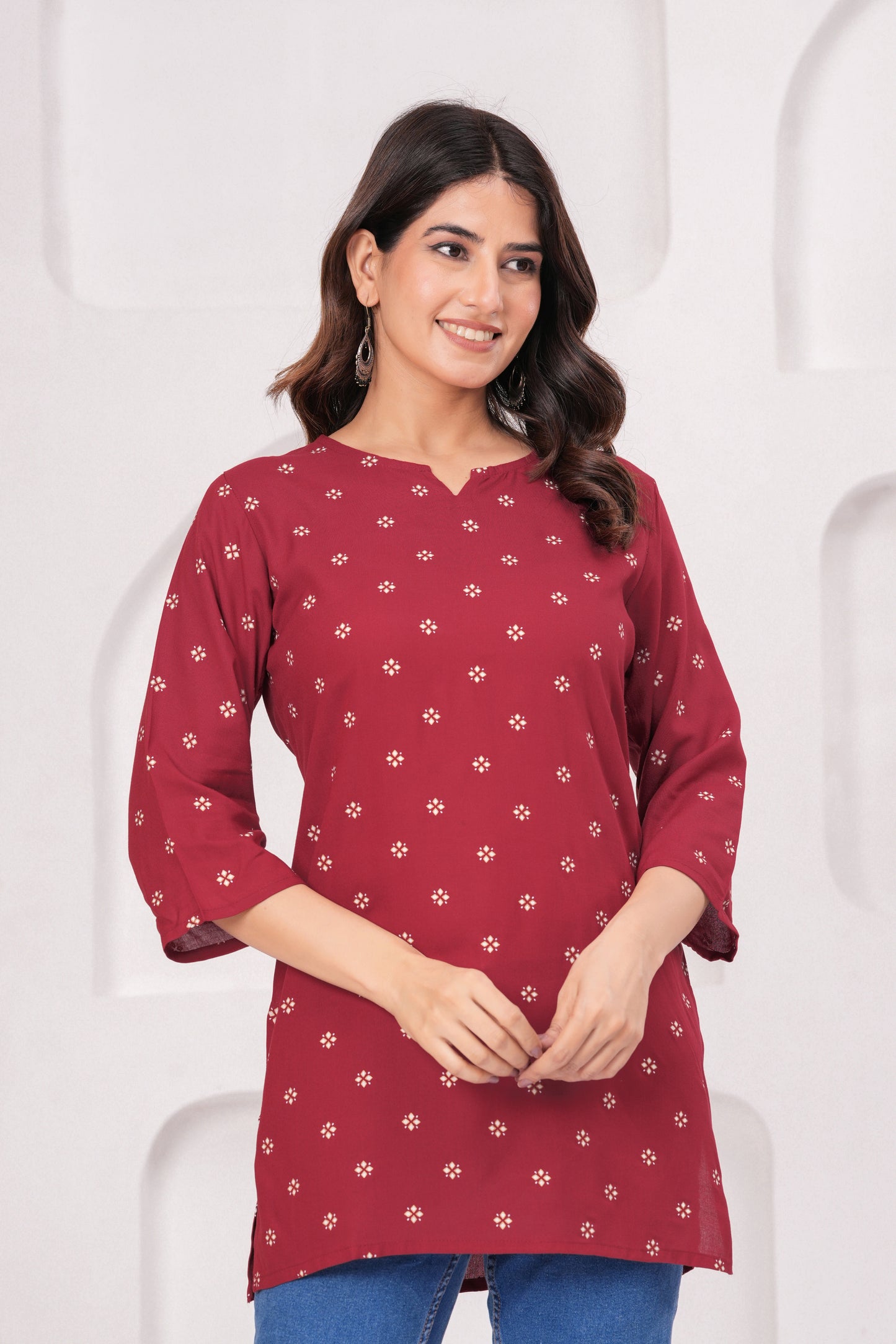 Veshviti Women Maroon Printed Straight Kurti Top | Round Neck Casual Ethnic Wear