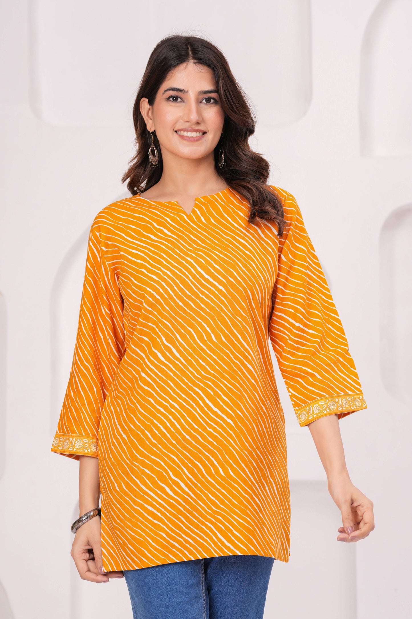 Veshviti Women Mustard Leheriya Print Straight Kurti Top | Round Neck Casual Ethnic Wear