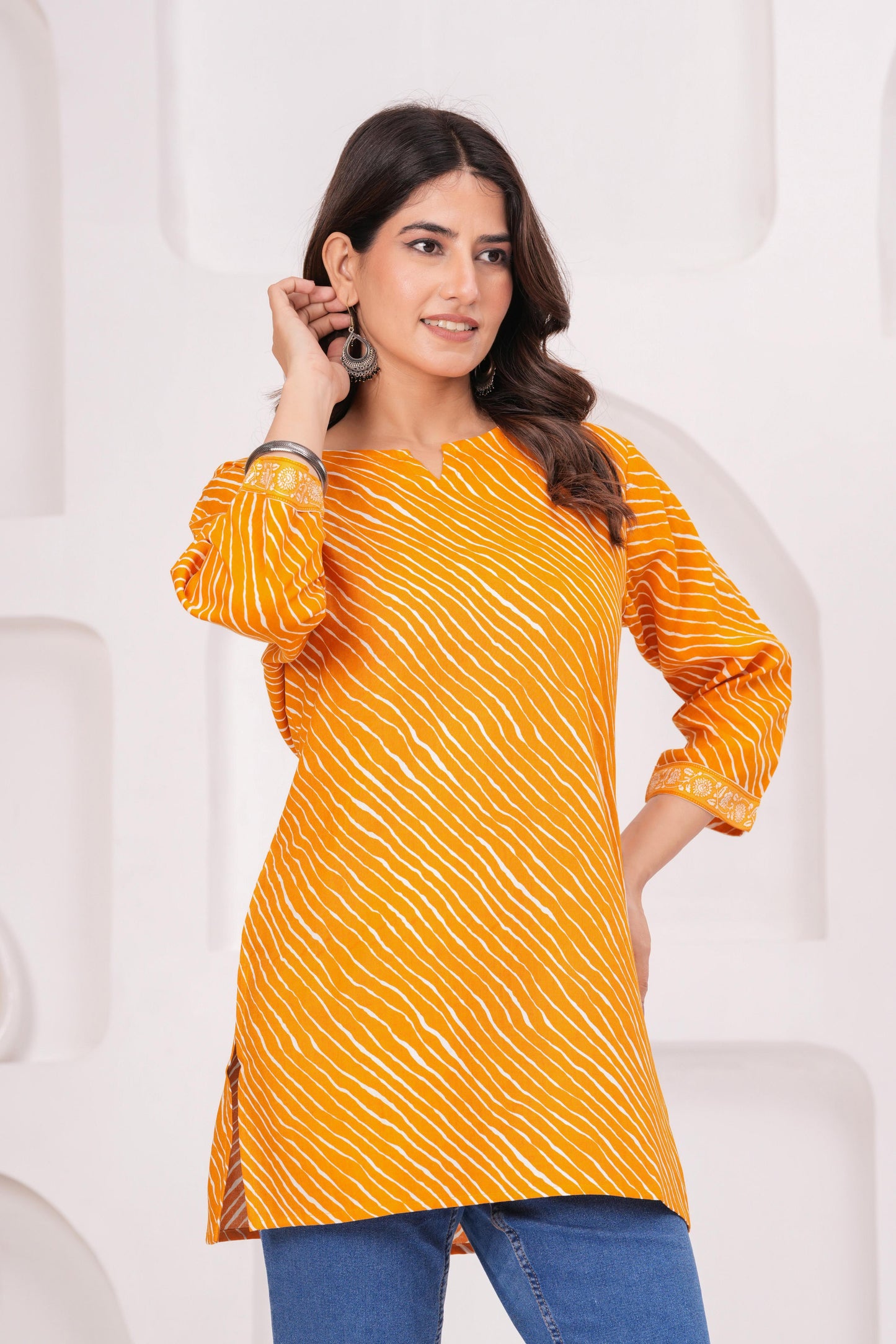 Veshviti Women Mustard Leheriya Print Straight Kurti Top | Round Neck Casual Ethnic Wear