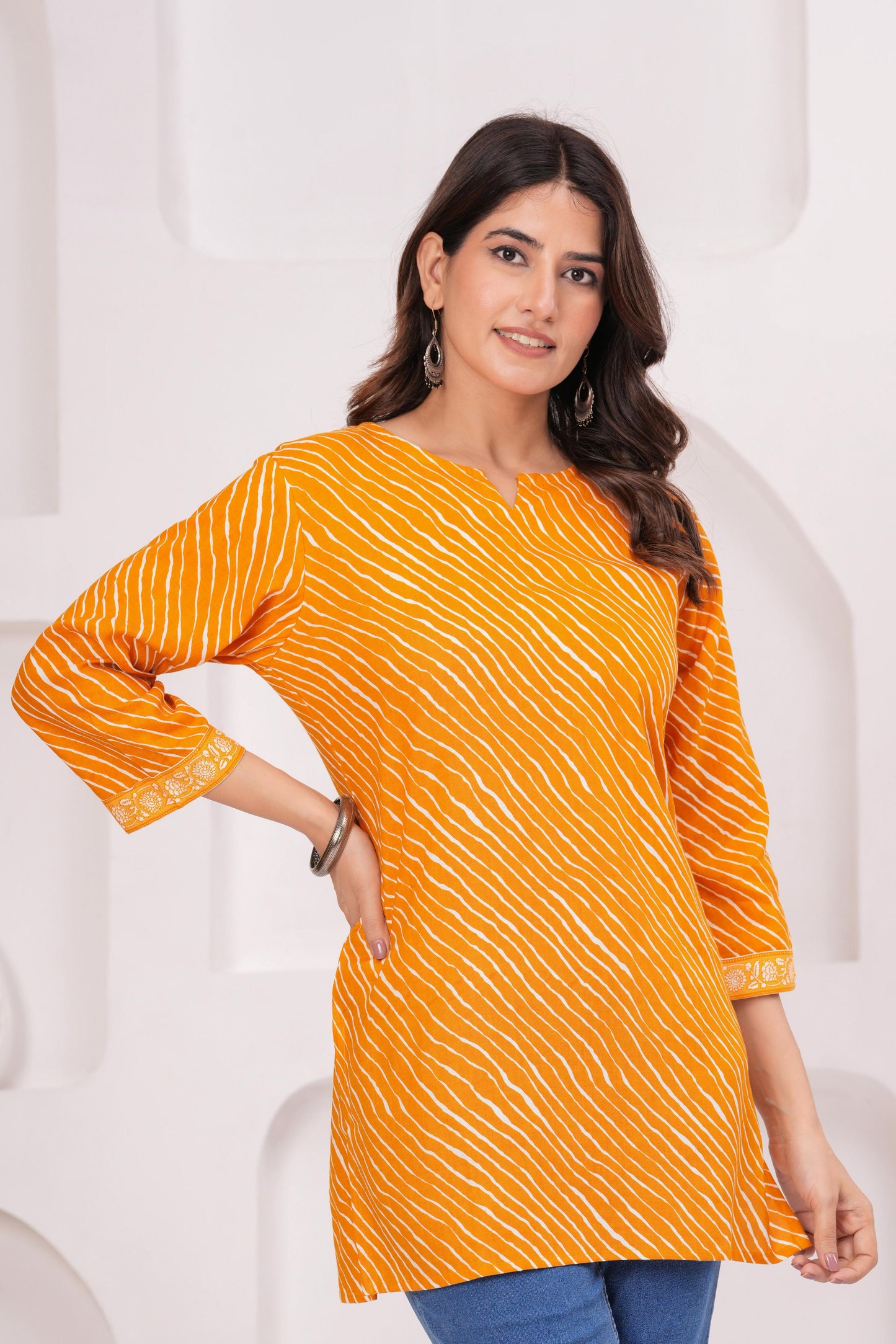 Veshviti Women Mustard Leheriya Print Straight Kurti Top | Round Neck Casual Ethnic Wear