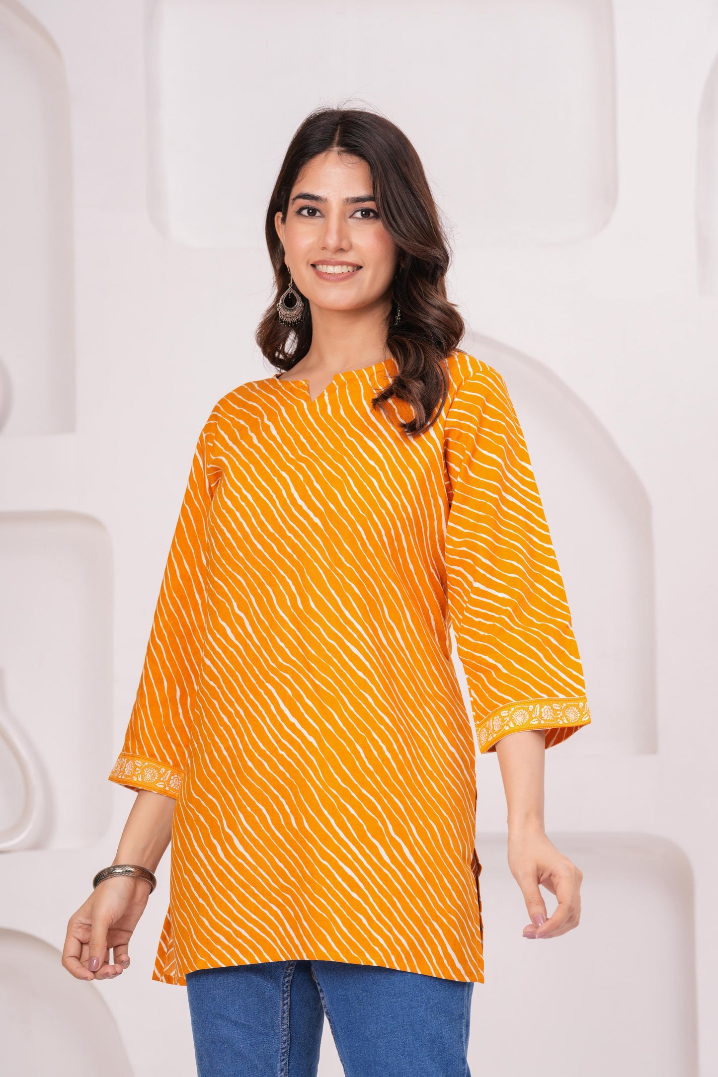 Veshviti Women Mustard Leheriya Print Straight Kurti Top | Round Neck Casual Ethnic Wear