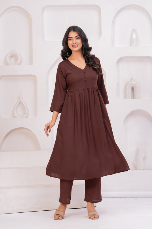 Women Brown Rayon Kurta Pant Co-Ord Set | Stylish Casual Ethnic Cord Set for Women | Comfortable Daily Wear Outfit