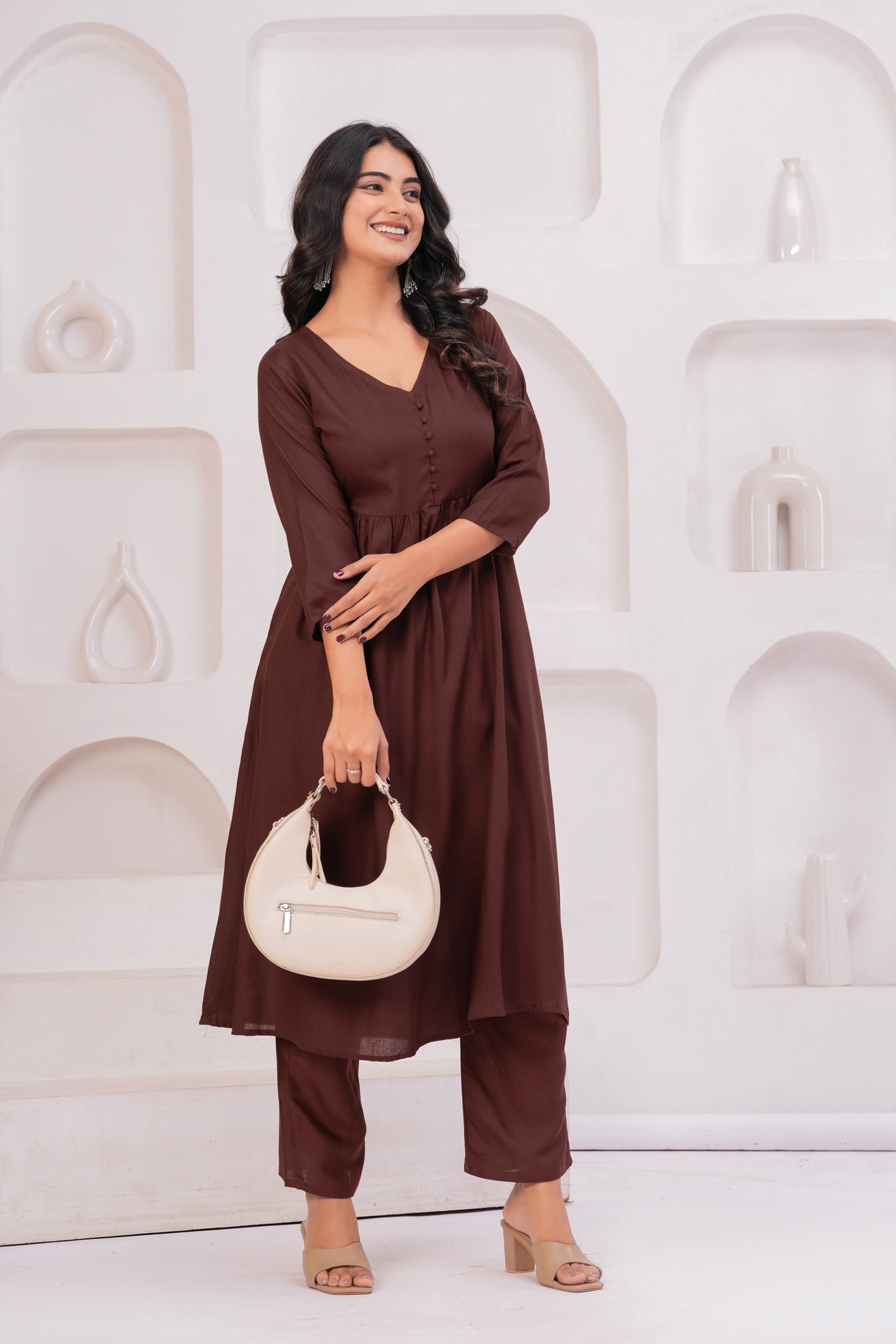Women Brown Rayon Kurta Pant Co-Ord Set | Stylish Casual Ethnic Cord Set for Women | Comfortable Daily Wear Outfit