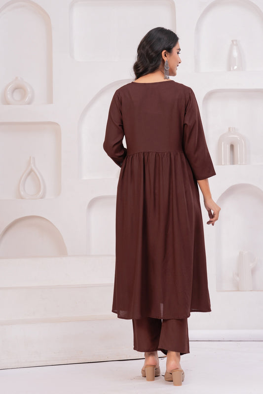 Women Brown Rayon Kurta Pant Co-Ord Set | Stylish Casual Ethnic Cord Set for Women | Comfortable Daily Wear Outfit