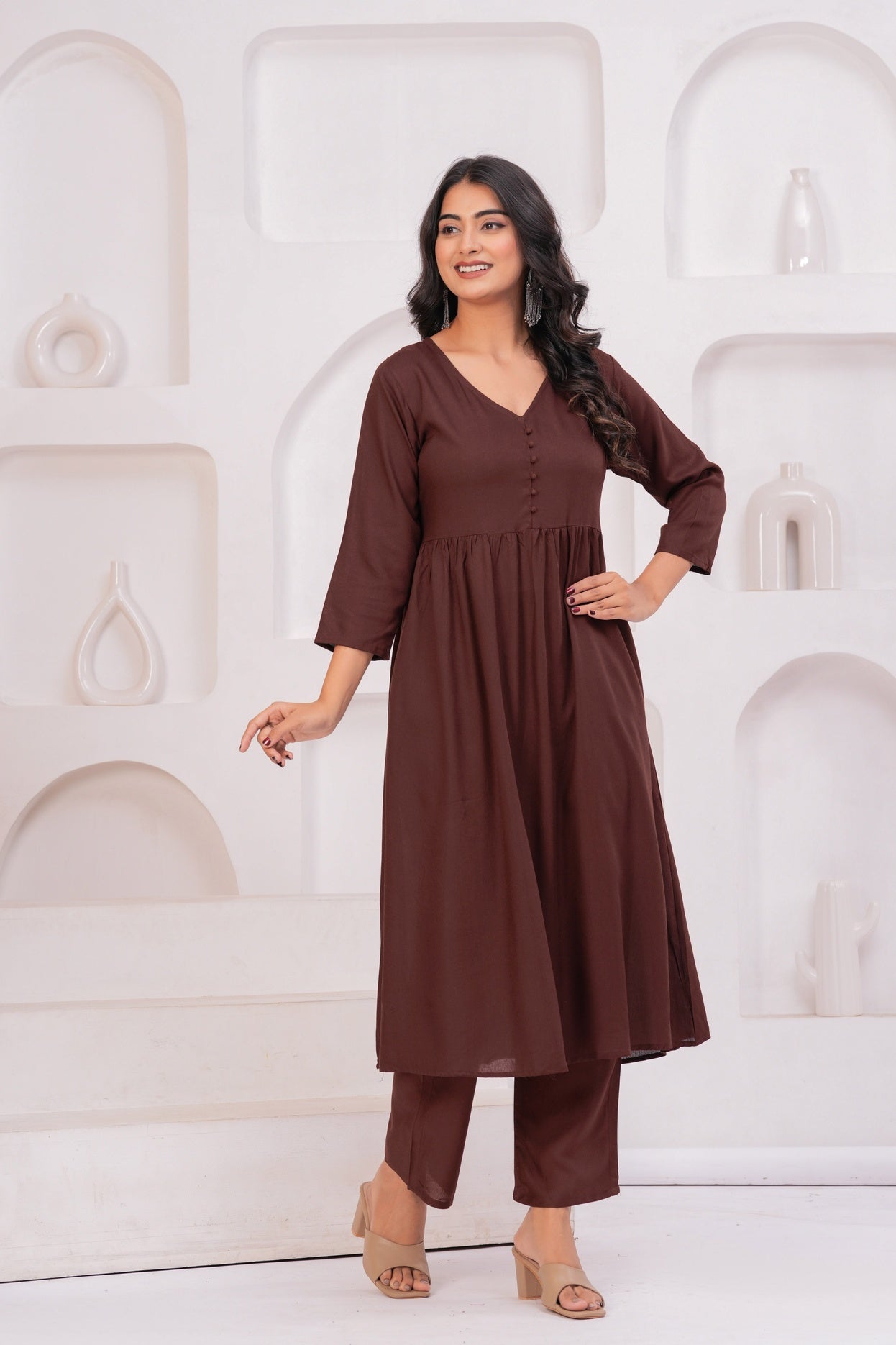 Women Brown Rayon Kurta Pant Co-Ord Set | Stylish Casual Ethnic Cord Set for Women | Comfortable Daily Wear Outfit