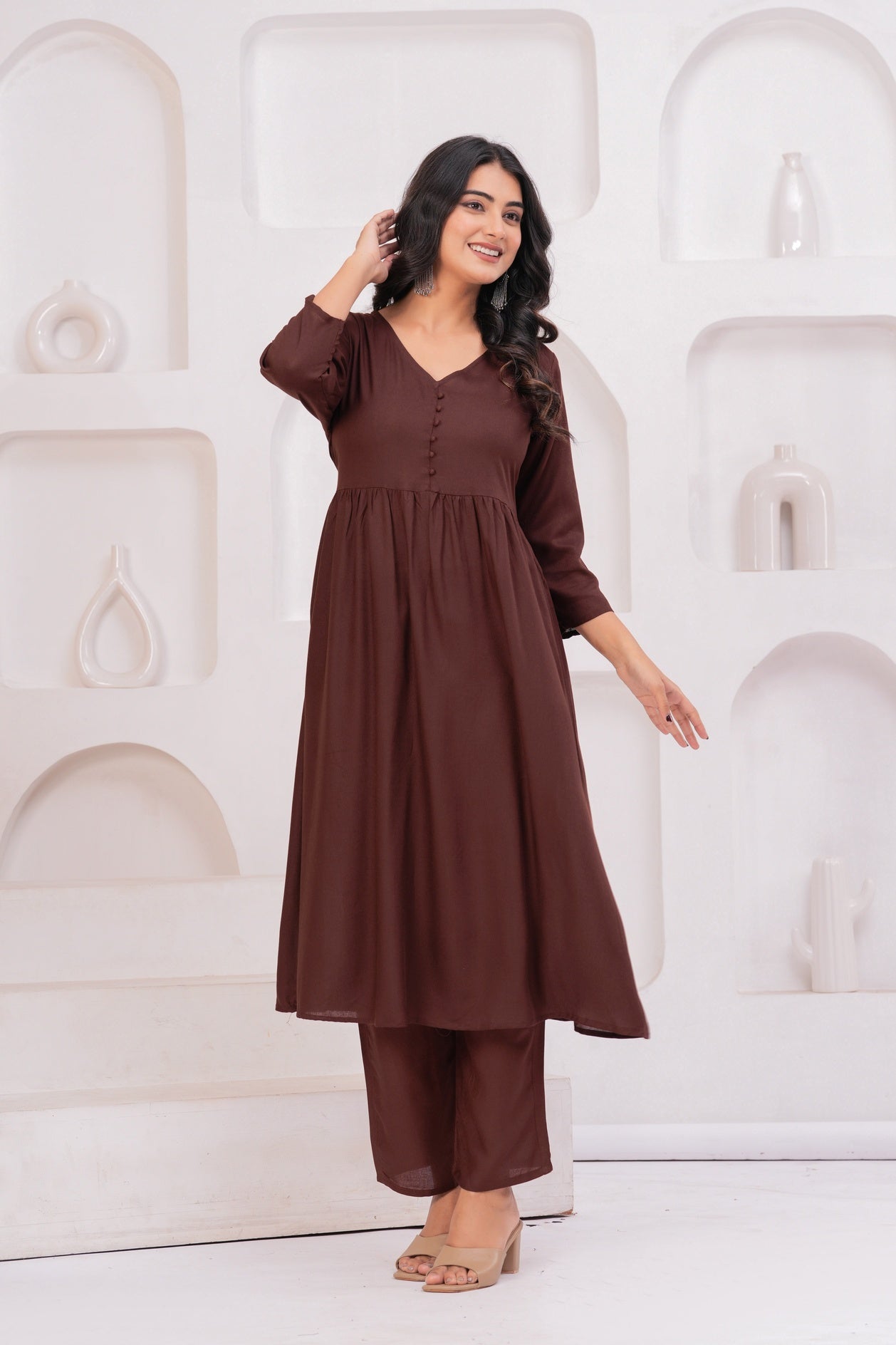 Women Brown Rayon Kurta Pant Co-Ord Set | Stylish Casual Ethnic Cord Set for Women | Comfortable Daily Wear Outfit