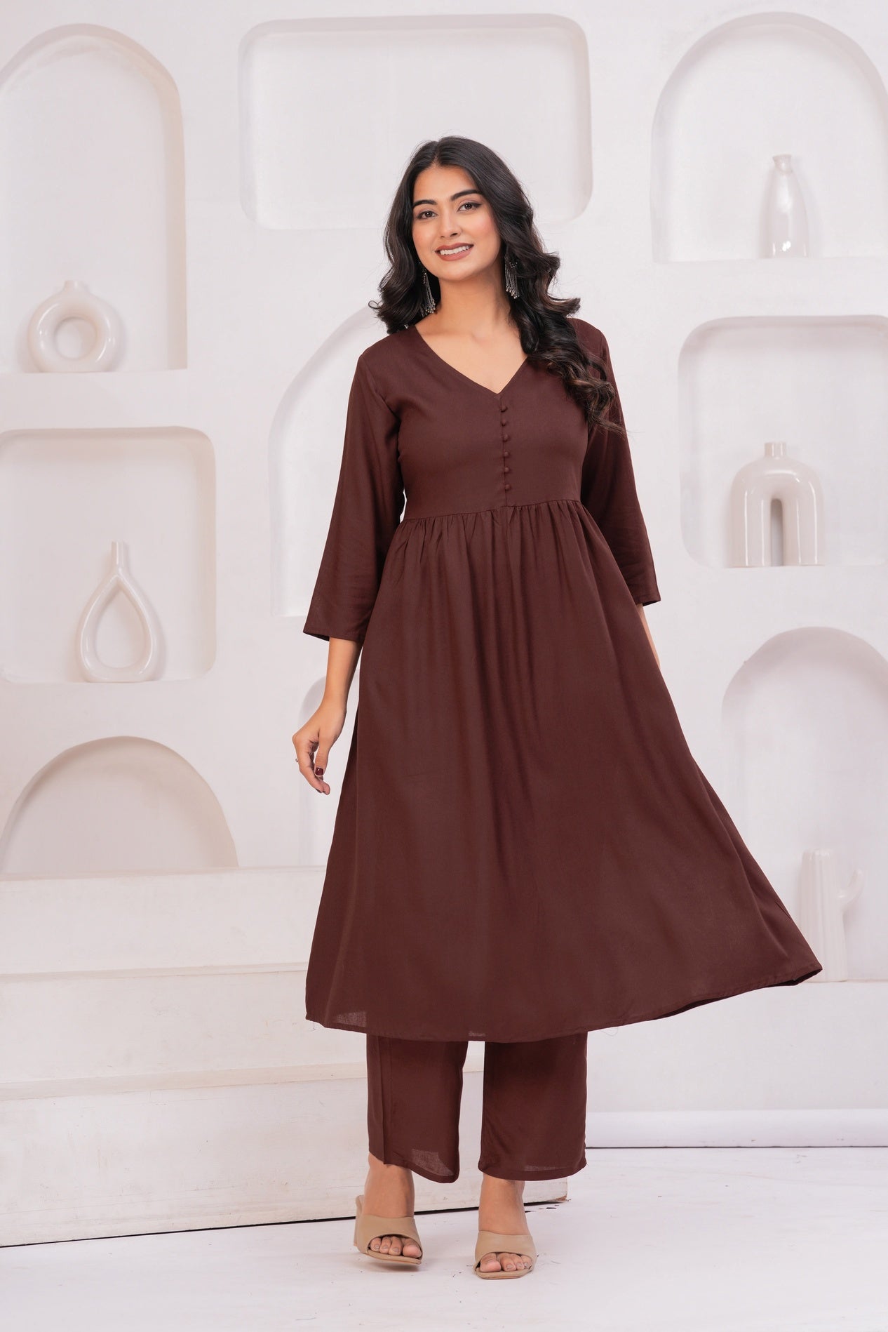 Women Brown Rayon Kurta Pant Co-Ord Set | Stylish Casual Ethnic Cord Set for Women | Comfortable Daily Wear Outfit