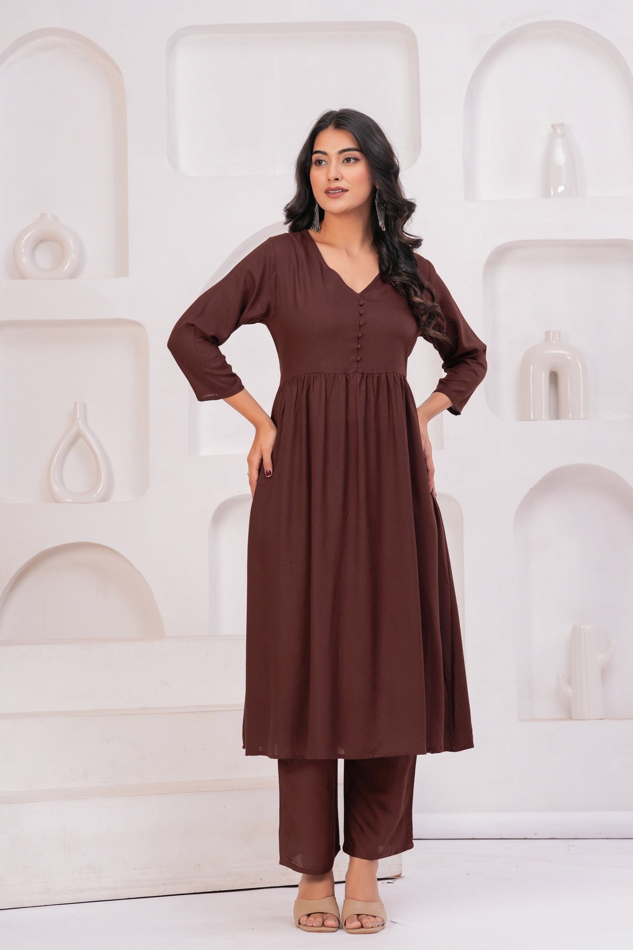 Women Brown Rayon Kurta Pant Co-Ord Set | Stylish Casual Ethnic Cord Set for Women | Comfortable Daily Wear Outfit