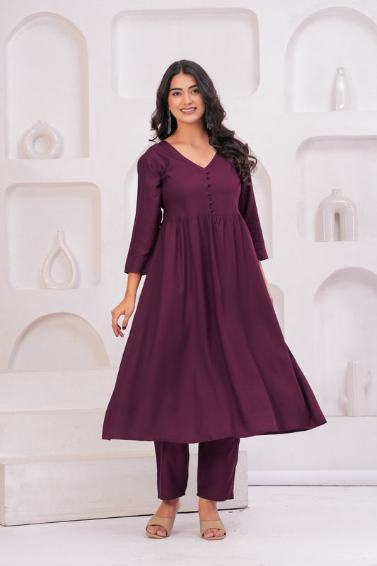 Women Wine Rayon Kurta Pant Co-Ord Set | Stylish Casual Ethnic Cord Set for Women | Comfortable Daily Wear Outfit