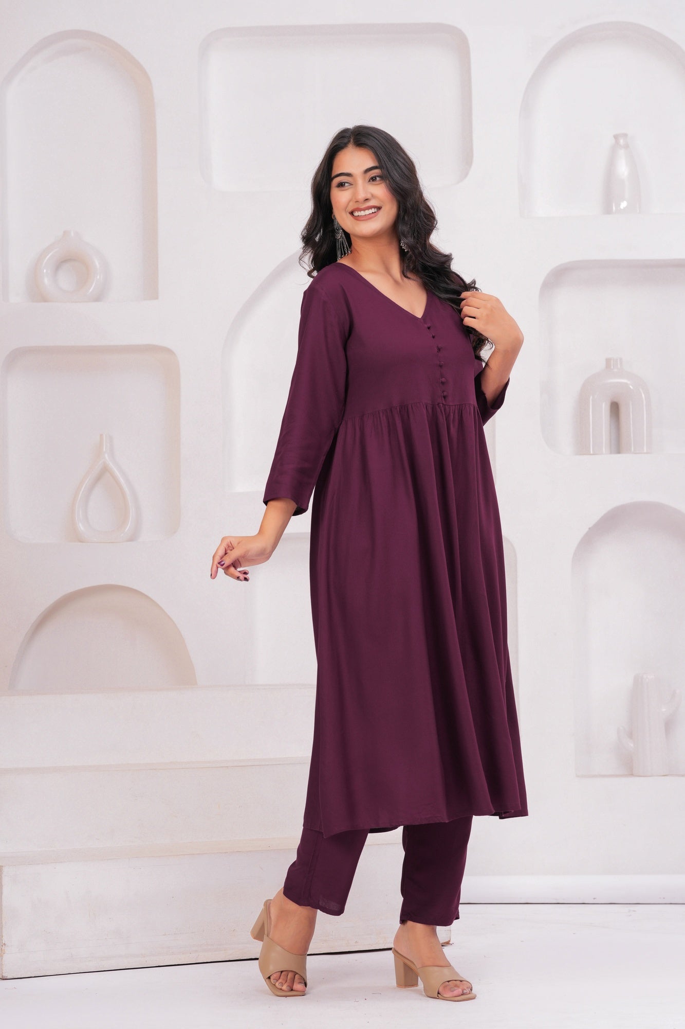 Women Wine Rayon Kurta Pant Co-Ord Set | Stylish Casual Ethnic Cord Set for Women | Comfortable Daily Wear Outfit