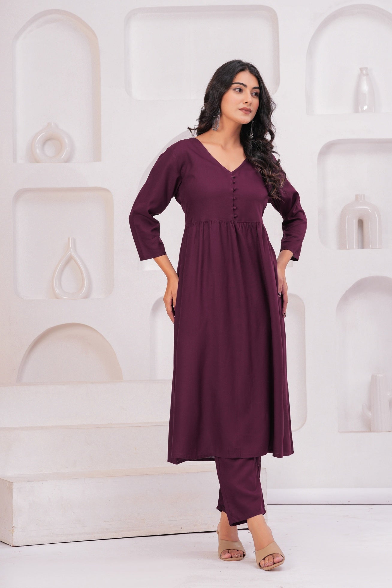 Women Wine Rayon Kurta Pant Co-Ord Set | Stylish Casual Ethnic Cord Set for Women | Comfortable Daily Wear Outfit