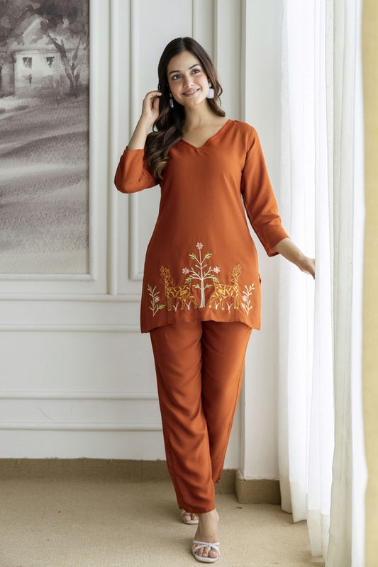 Women Rust Orange Rayon Kurta Pant Co-Ord Set | Embroidered Ethnic Cord Set for Women | Stylish Casual & Office Wear Outfit
