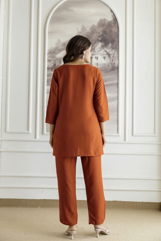 Women Rust Orange Rayon Kurta Pant Co-Ord Set | Embroidered Ethnic Cord Set for Women | Stylish Casual & Office Wear Outfit