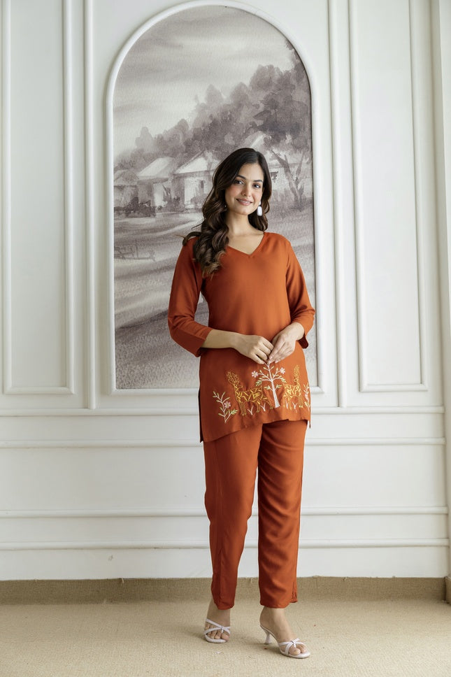 Women Rust Orange Rayon Kurta Pant Co-Ord Set | Embroidered Ethnic Cord Set for Women | Stylish Casual & Office Wear Outfit