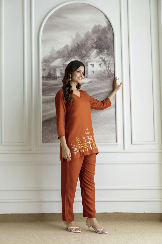 Women Rust Orange Rayon Kurta Pant Co-Ord Set | Embroidered Ethnic Cord Set for Women | Stylish Casual & Office Wear Outfit