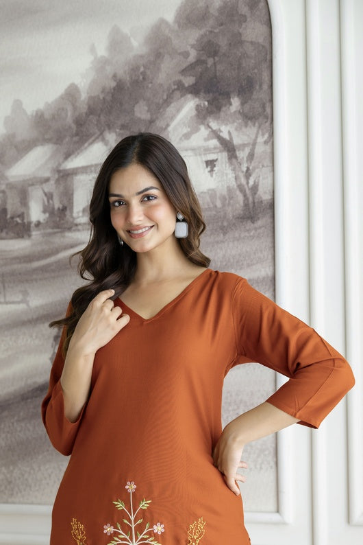 Women Rust Orange Rayon Kurta Pant Co-Ord Set | Embroidered Ethnic Cord Set for Women | Stylish Casual & Office Wear Outfit