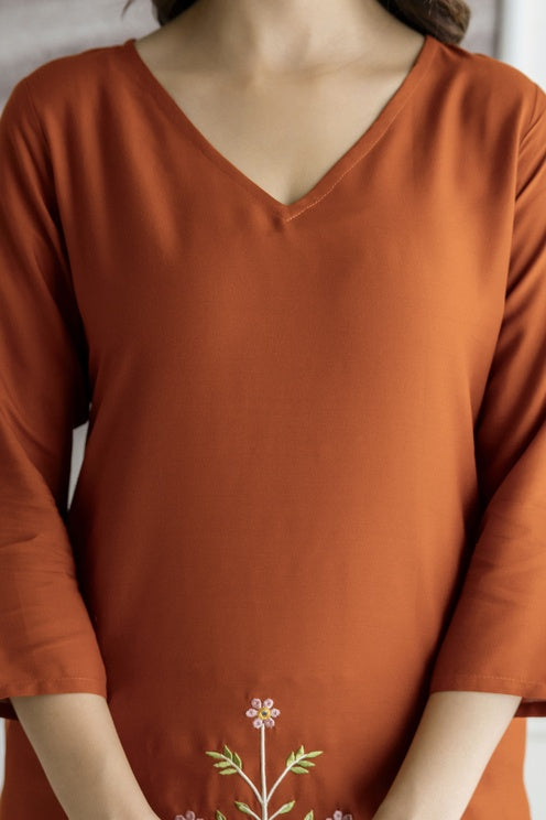 Women Rust Orange Rayon Kurta Pant Co-Ord Set | Embroidered Ethnic Cord Set for Women | Stylish Casual & Office Wear Outfit