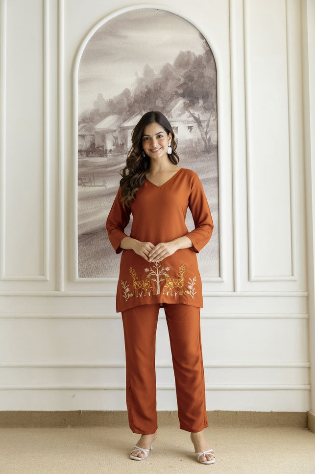 Women Rust Orange Rayon Kurta Pant Co-Ord Set | Embroidered Ethnic Cord Set for Women | Stylish Casual & Office Wear Outfit