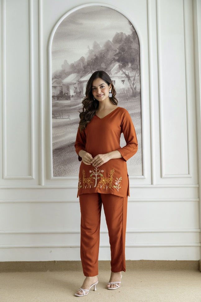 Women Rust Orange Rayon Kurta Pant Co-Ord Set | Embroidered Ethnic Cord Set for Women | Stylish Casual & Office Wear Outfit
