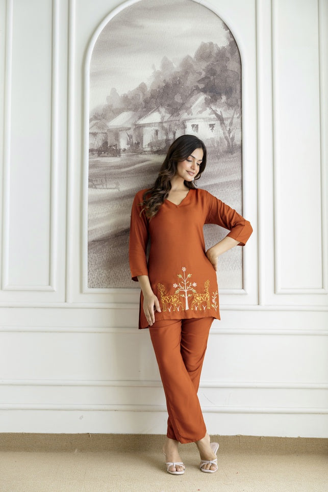 Women Rust Orange Rayon Kurta Pant Co-Ord Set | Embroidered Ethnic Cord Set for Women | Stylish Casual & Office Wear Outfit