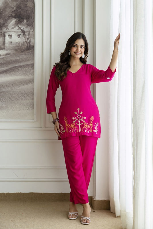 Women Pink Orange Rayon Kurta Pant Co-Ord Set | Embroidered Ethnic Cord Set for Women | Stylish Casual & Office Wear Outfit