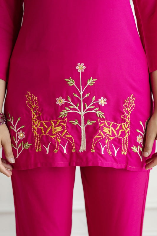 Women Pink Orange Rayon Kurta Pant Co-Ord Set | Embroidered Ethnic Cord Set for Women | Stylish Casual & Office Wear Outfit