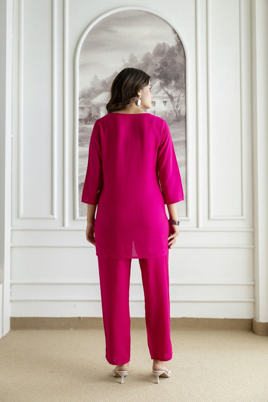 Women Pink Orange Rayon Kurta Pant Co-Ord Set | Embroidered Ethnic Cord Set for Women | Stylish Casual & Office Wear Outfit