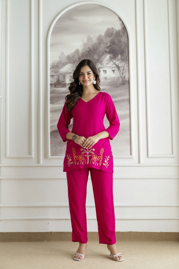 Women Pink Orange Rayon Kurta Pant Co-Ord Set | Embroidered Ethnic Cord Set for Women | Stylish Casual & Office Wear Outfit