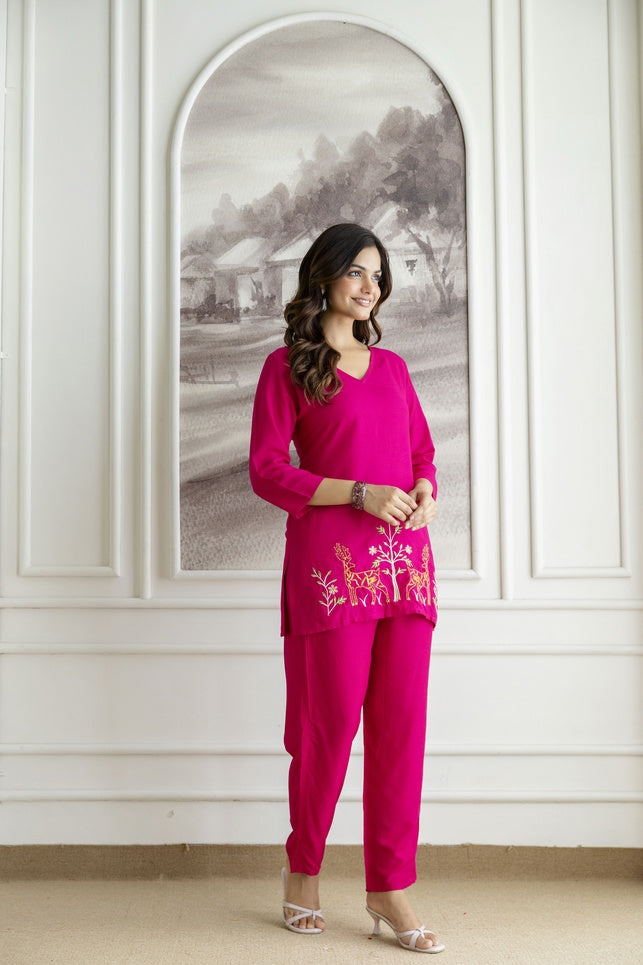 Women Pink Orange Rayon Kurta Pant Co-Ord Set | Embroidered Ethnic Cord Set for Women | Stylish Casual & Office Wear Outfit