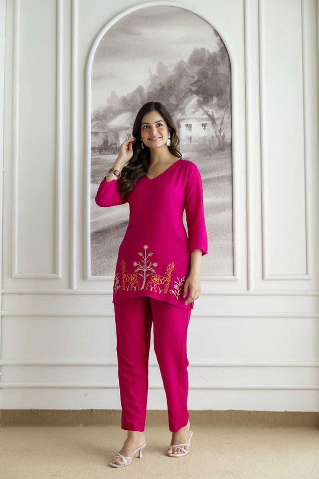 Women Pink Orange Rayon Kurta Pant Co-Ord Set | Embroidered Ethnic Cord Set for Women | Stylish Casual & Office Wear Outfit