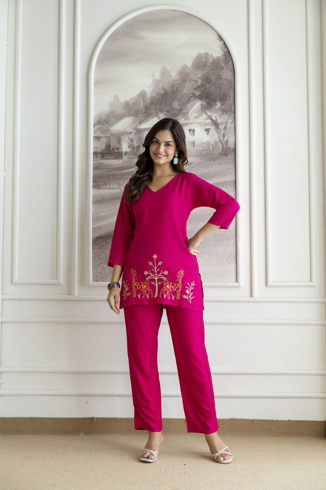 Women Pink Orange Rayon Kurta Pant Co-Ord Set | Embroidered Ethnic Cord Set for Women | Stylish Casual & Office Wear Outfit