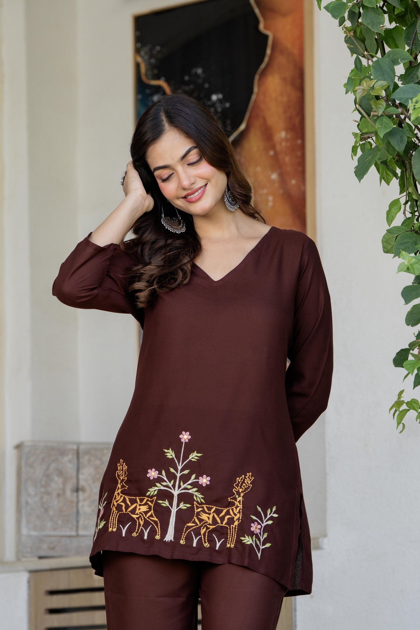 Women Brown Orange Rayon Kurta Pant Co-Ord Set | Embroidered Ethnic Cord Set for Women | Stylish Casual & Office Wear Outfit