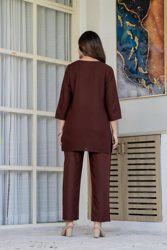 Women Brown Orange Rayon Kurta Pant Co-Ord Set | Embroidered Ethnic Cord Set for Women | Stylish Casual & Office Wear Outfit