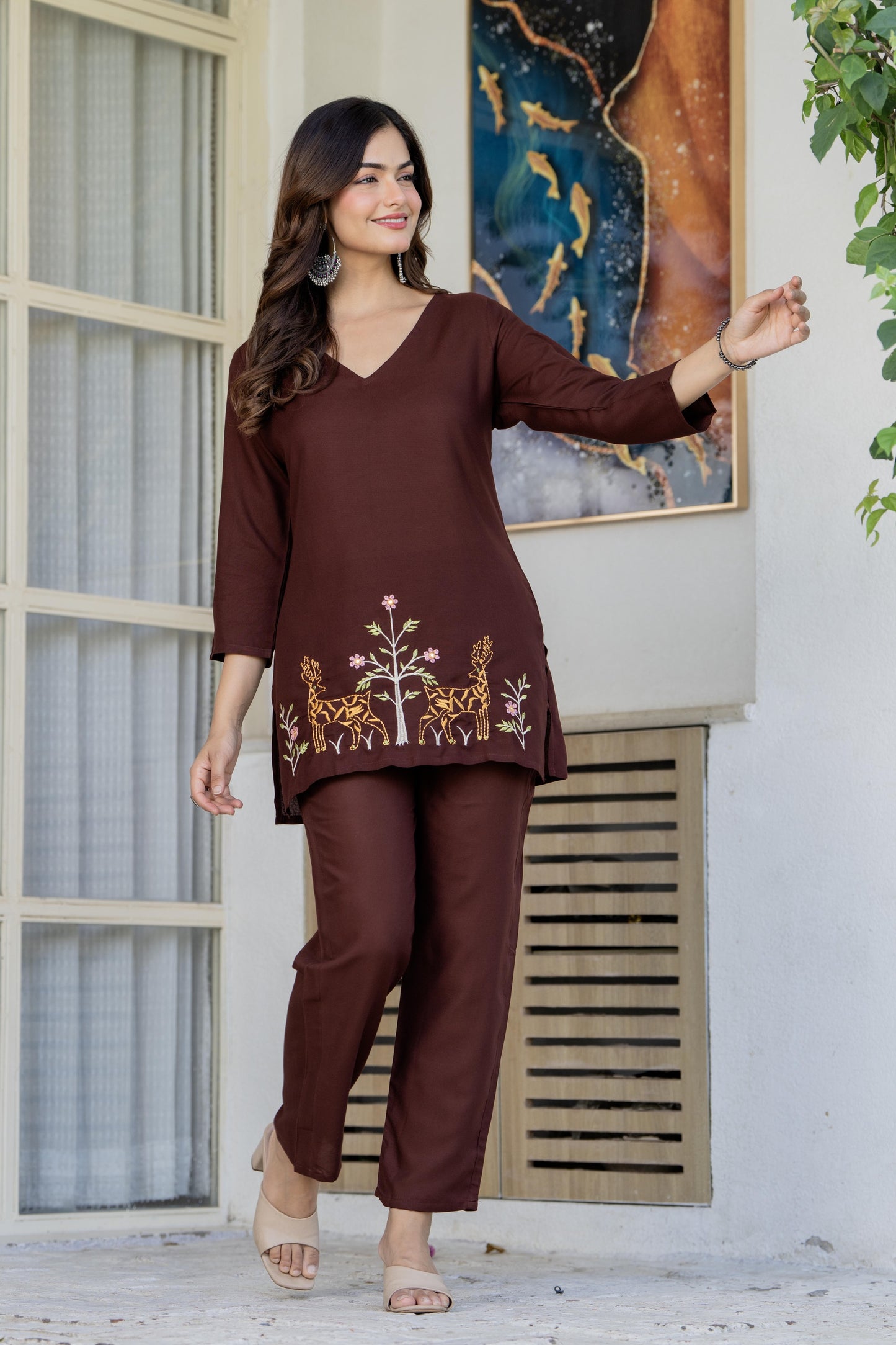 Women Brown Orange Rayon Kurta Pant Co-Ord Set | Embroidered Ethnic Cord Set for Women | Stylish Casual & Office Wear Outfit