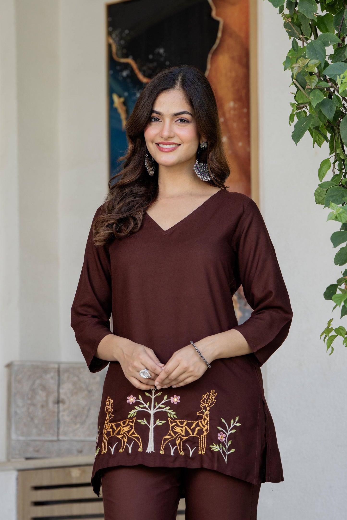 Women Brown Orange Rayon Kurta Pant Co-Ord Set | Embroidered Ethnic Cord Set for Women | Stylish Casual & Office Wear Outfit