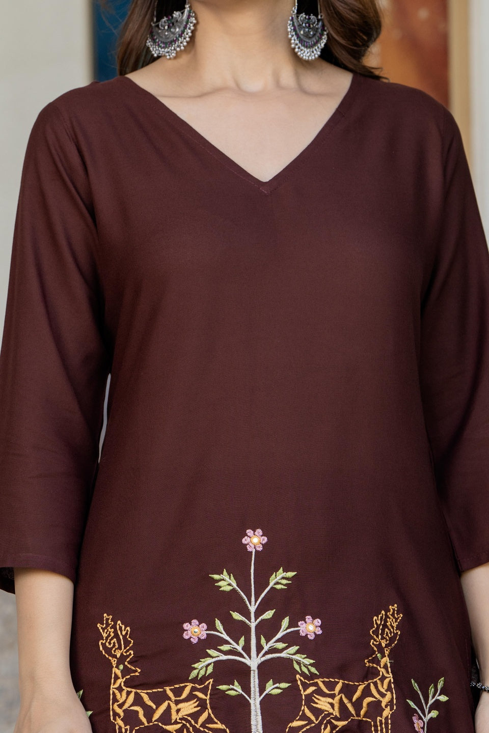 Women Brown Orange Rayon Kurta Pant Co-Ord Set | Embroidered Ethnic Cord Set for Women | Stylish Casual & Office Wear Outfit