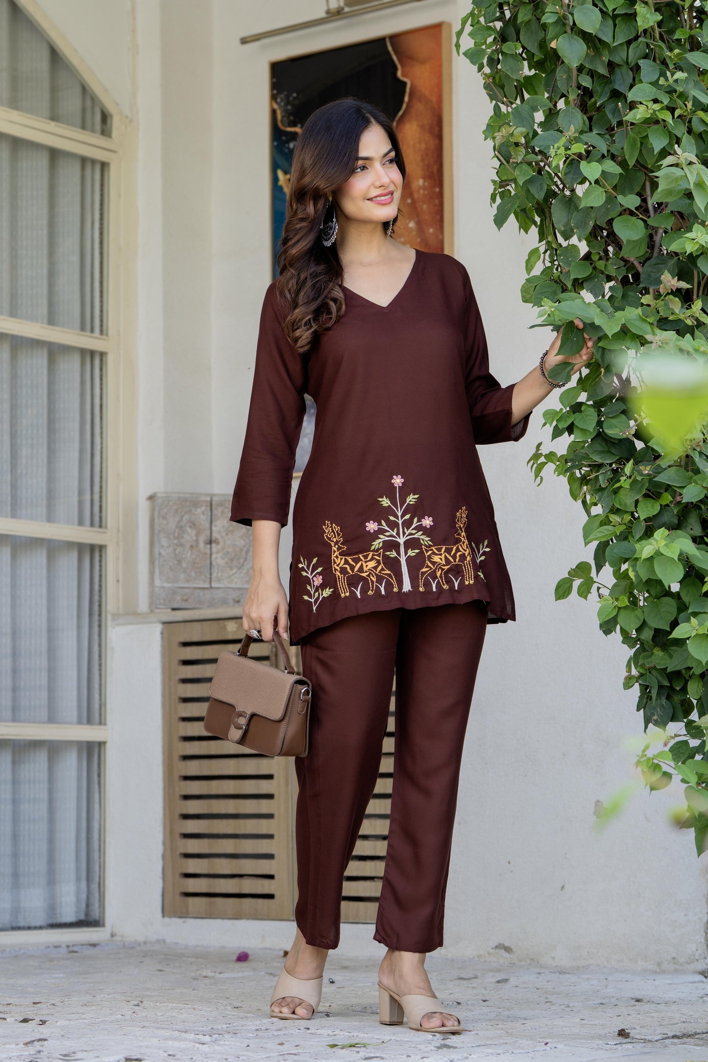 Women Brown Orange Rayon Kurta Pant Co-Ord Set | Embroidered Ethnic Cord Set for Women | Stylish Casual & Office Wear Outfit