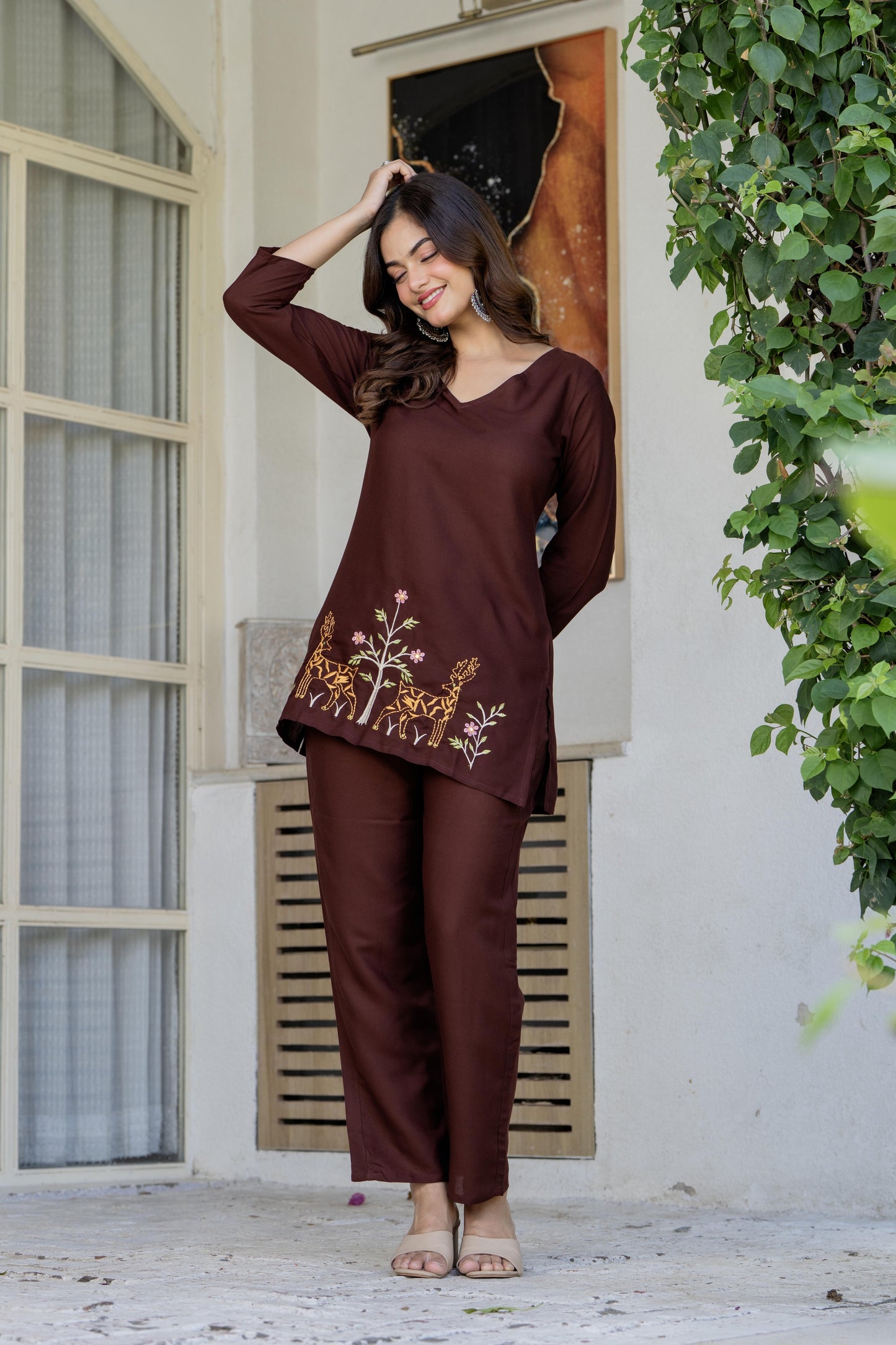 Women Brown Orange Rayon Kurta Pant Co-Ord Set | Embroidered Ethnic Cord Set for Women | Stylish Casual & Office Wear Outfit