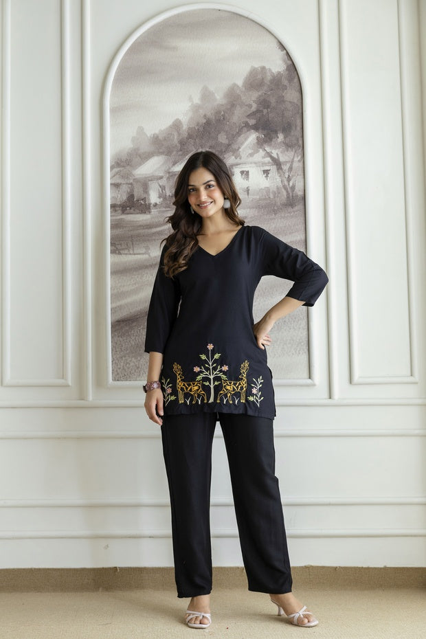 Women Black Orange Rayon Kurta Pant Co-Ord Set | Embroidered Ethnic Cord Set for Women | Stylish Casual & Office Wear Outfit