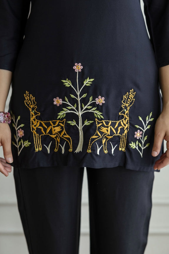 Women Black Orange Rayon Kurta Pant Co-Ord Set | Embroidered Ethnic Cord Set for Women | Stylish Casual & Office Wear Outfit