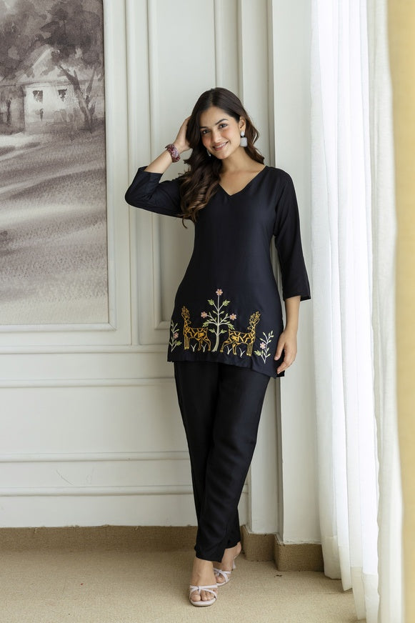 Women Black Orange Rayon Kurta Pant Co-Ord Set | Embroidered Ethnic Cord Set for Women | Stylish Casual & Office Wear Outfit