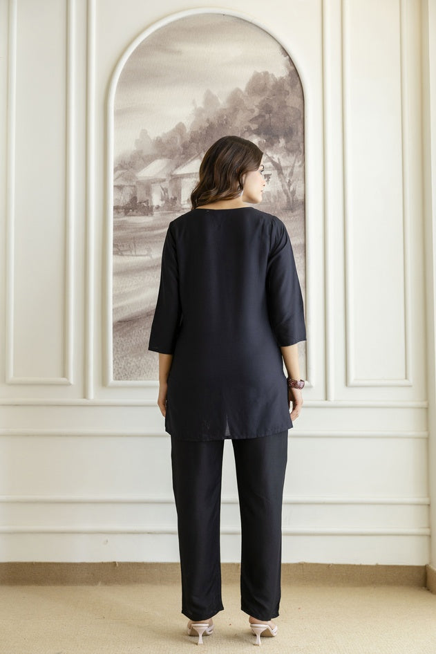 Women Black Orange Rayon Kurta Pant Co-Ord Set | Embroidered Ethnic Cord Set for Women | Stylish Casual & Office Wear Outfit