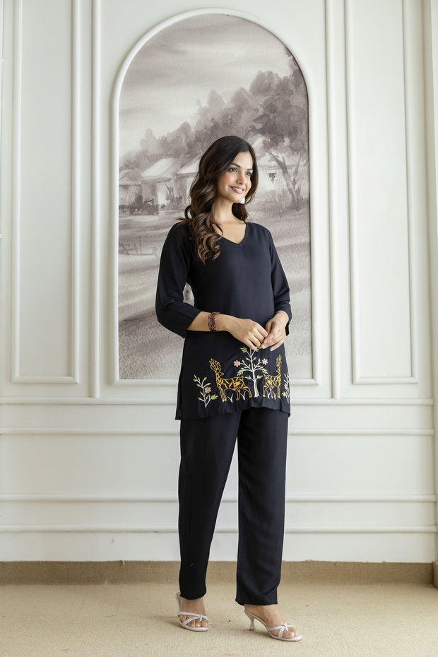 Women Black Orange Rayon Kurta Pant Co-Ord Set | Embroidered Ethnic Cord Set for Women | Stylish Casual & Office Wear Outfit