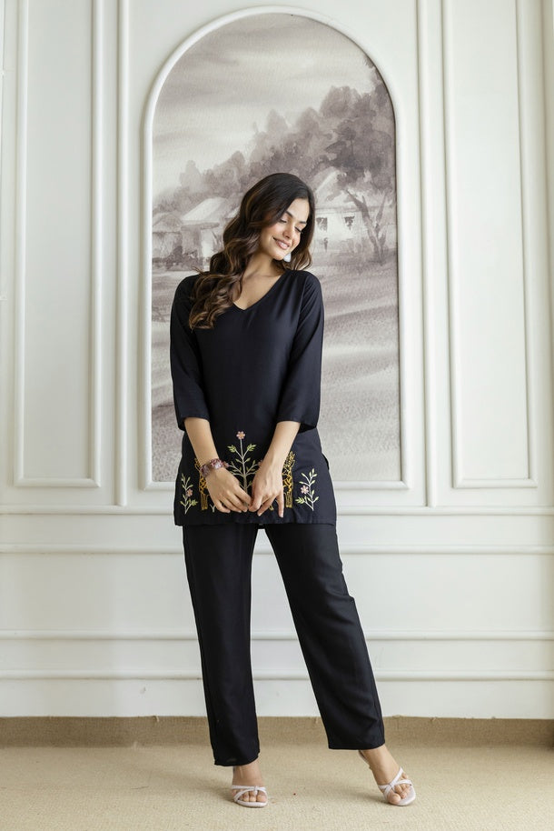 Women Black Orange Rayon Kurta Pant Co-Ord Set | Embroidered Ethnic Cord Set for Women | Stylish Casual & Office Wear Outfit