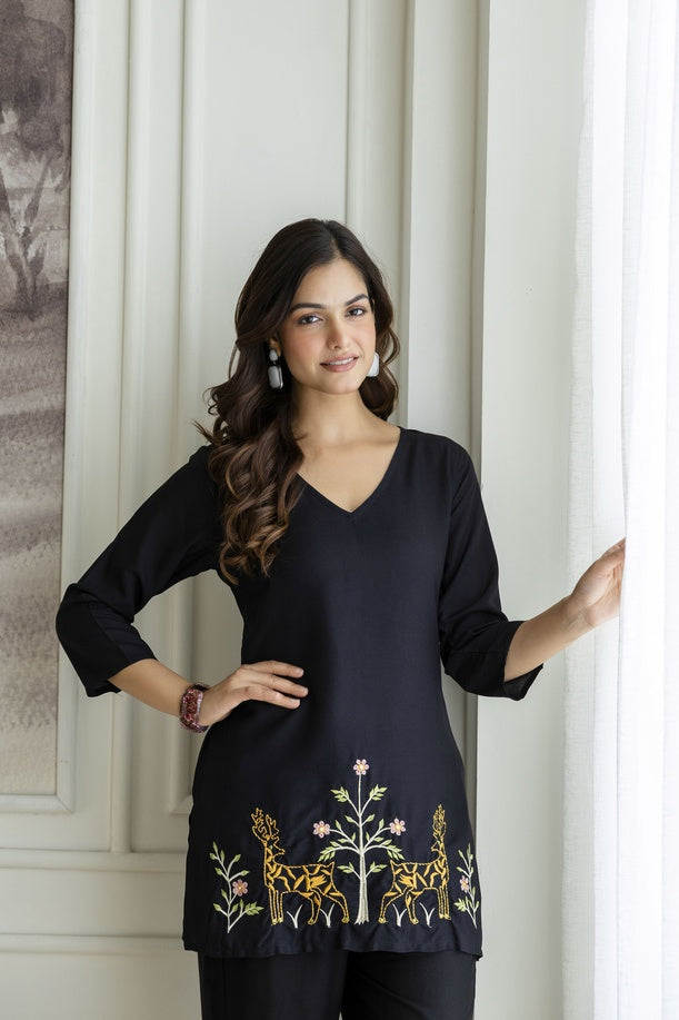 Women Black Orange Rayon Kurta Pant Co-Ord Set | Embroidered Ethnic Cord Set for Women | Stylish Casual & Office Wear Outfit