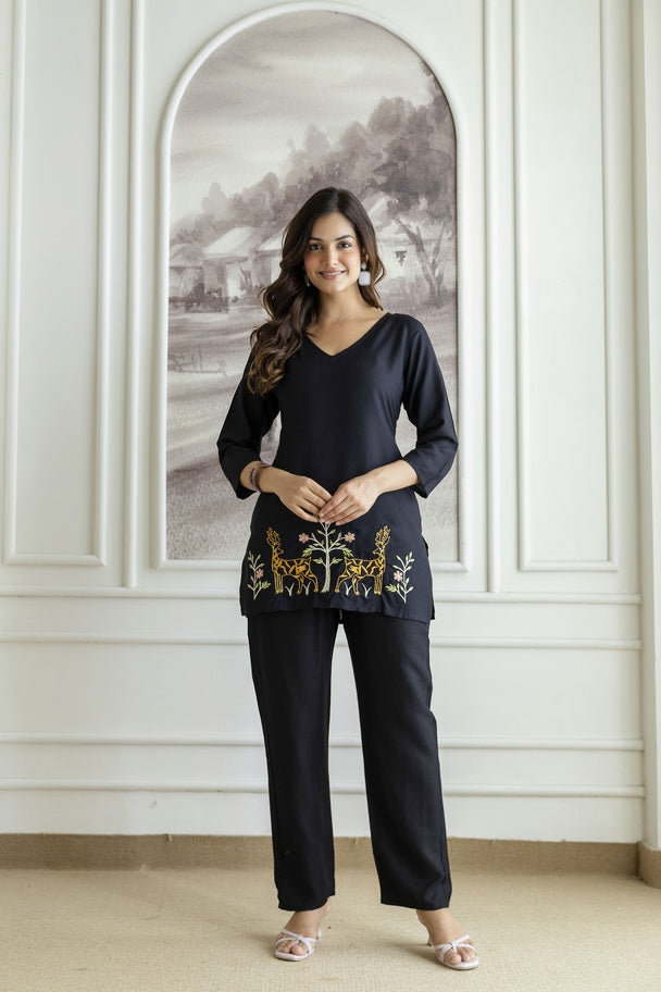 Women Black Orange Rayon Kurta Pant Co-Ord Set | Embroidered Ethnic Cord Set for Women | Stylish Casual & Office Wear Outfit