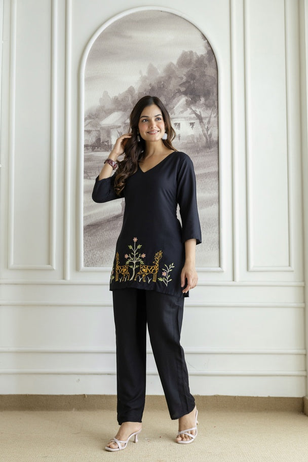 Women Black Orange Rayon Kurta Pant Co-Ord Set | Embroidered Ethnic Cord Set for Women | Stylish Casual & Office Wear Outfit