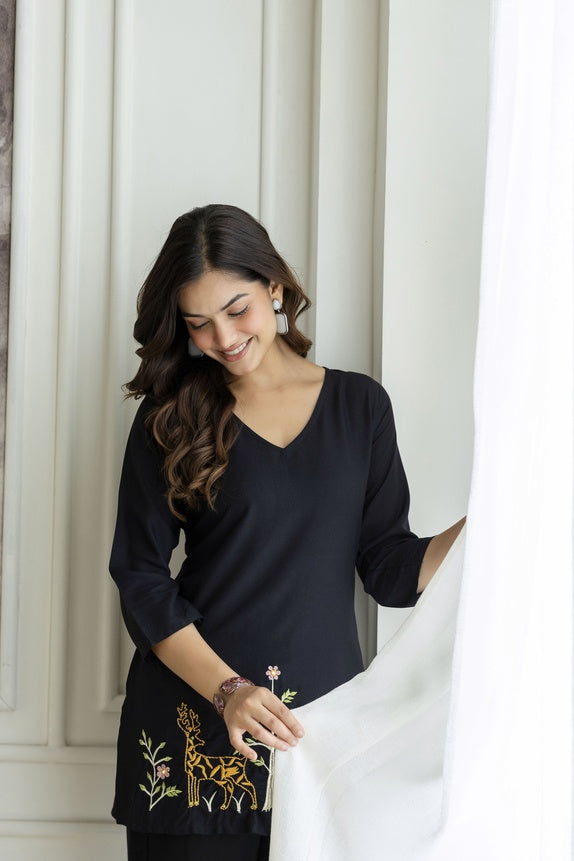 Women Black Orange Rayon Kurta Pant Co-Ord Set | Embroidered Ethnic Cord Set for Women | Stylish Casual & Office Wear Outfit