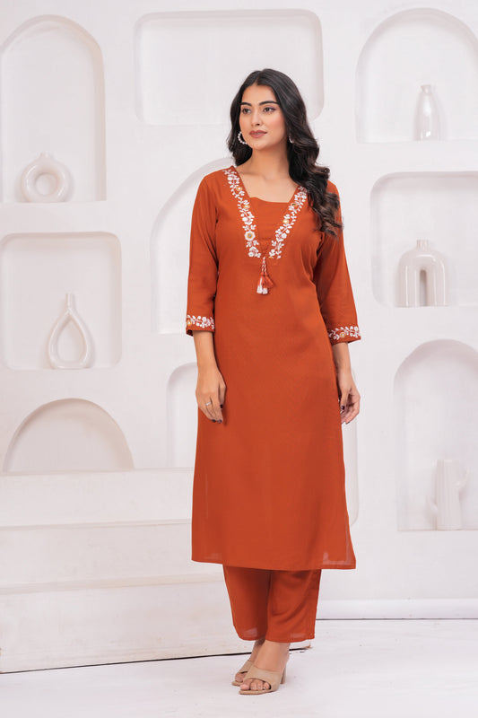 Women Rust Orange Embroidered Straight Kurta Set with Pants | V-Neck Ethnic Wear