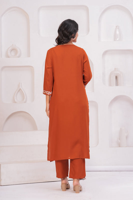 Women Rust Orange Embroidered Straight Kurta Set with Pants | V-Neck Ethnic Wear